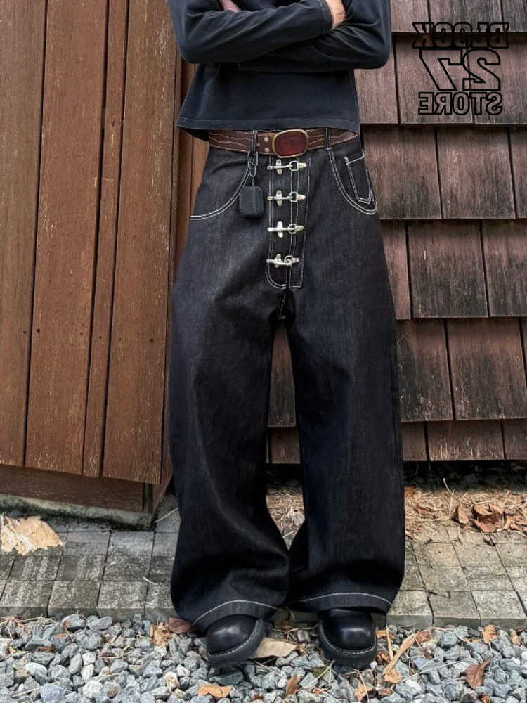 Mens Jeans Harajuku American Vintage Streetwear Buckle Design Curved Denim Pants Loose Fit Wide Leg Silhouette Unisex Fashion Q260612