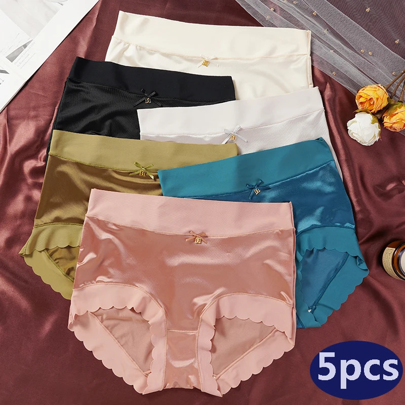 5 PCS High-waist Womens Simple Satin Ice Silk Seamless Underwear Female Breathable High Quality Panties Butt Lift Briefs 260611
