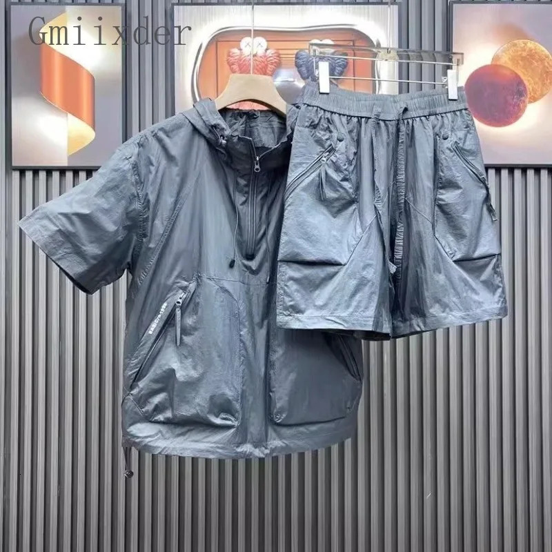 Summer Mens Hooded Lightweight Shortsleeved Suit Loose Ultrathin Breathable Jacket Shorts Twopiece Couple Men Urban 260612
