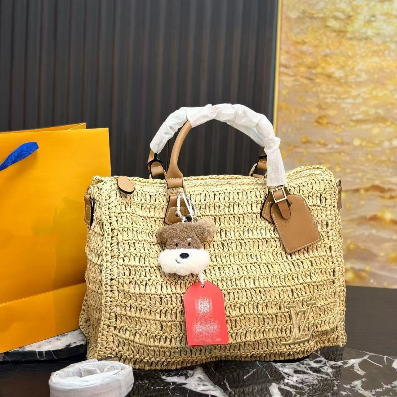 L Designer Bag New Straw Boston Pillow Bag Fashion Versatile Holiday Woven Beach Bag Large Capacity Handheld Underarm Bag Women's Fashion Bag