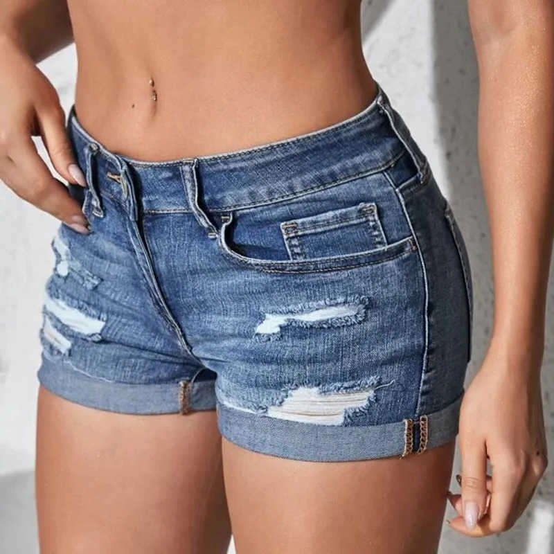 Shorts Womens Split Summer Denim Beach Wild Fashion Sexy Mid Waist Curled Cuff Perforated Elastic Slim Fit Casual Shorts M260612