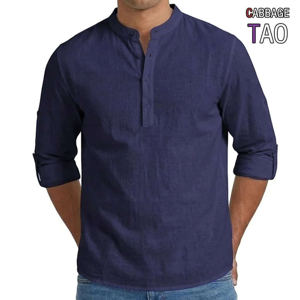 Mens Premium Linen Blend Shirts Long Sleeve Henley Tops Summer Beach Hawaiian Style Casual Tees Breathable Cotton for Men 260612