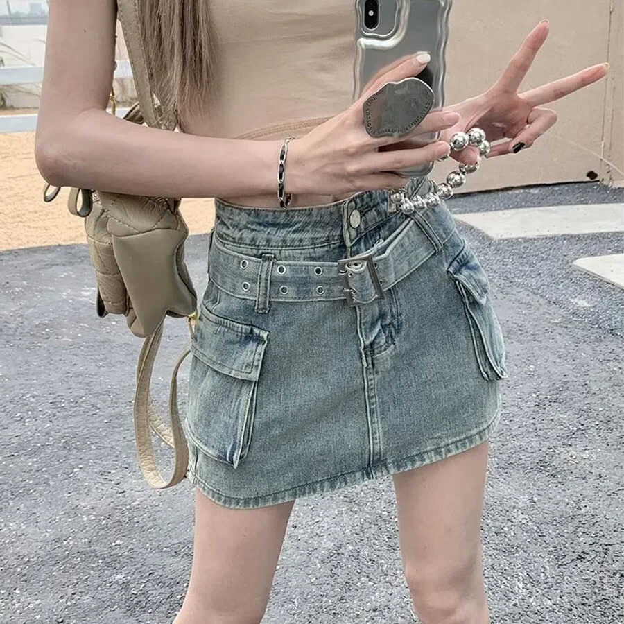 High-Waisted Sensibility Vintage Slimming Design Denim Skirt For Women Pink A- Line Shorts With Inner Lining Summer Style M260612