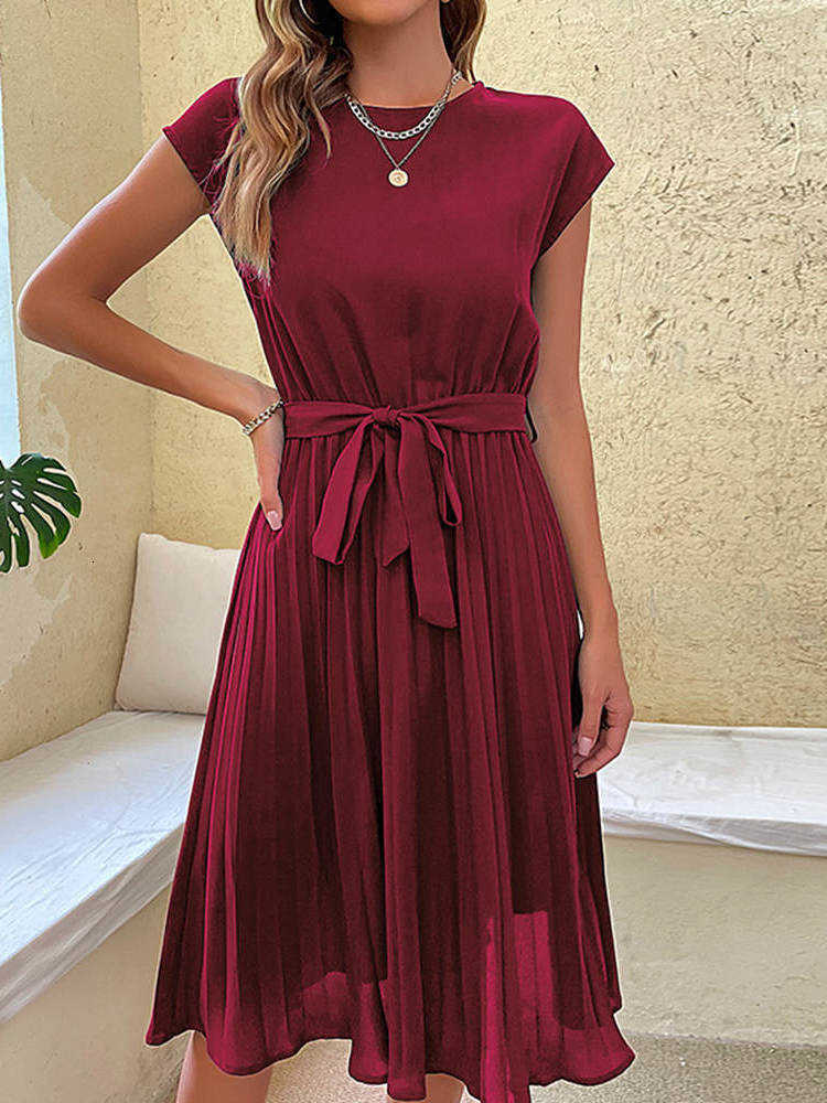 Dresses Casual M Summer Womens O Neck Short Slve Solid Color Pleadted Chic Pleated Dress S260612
