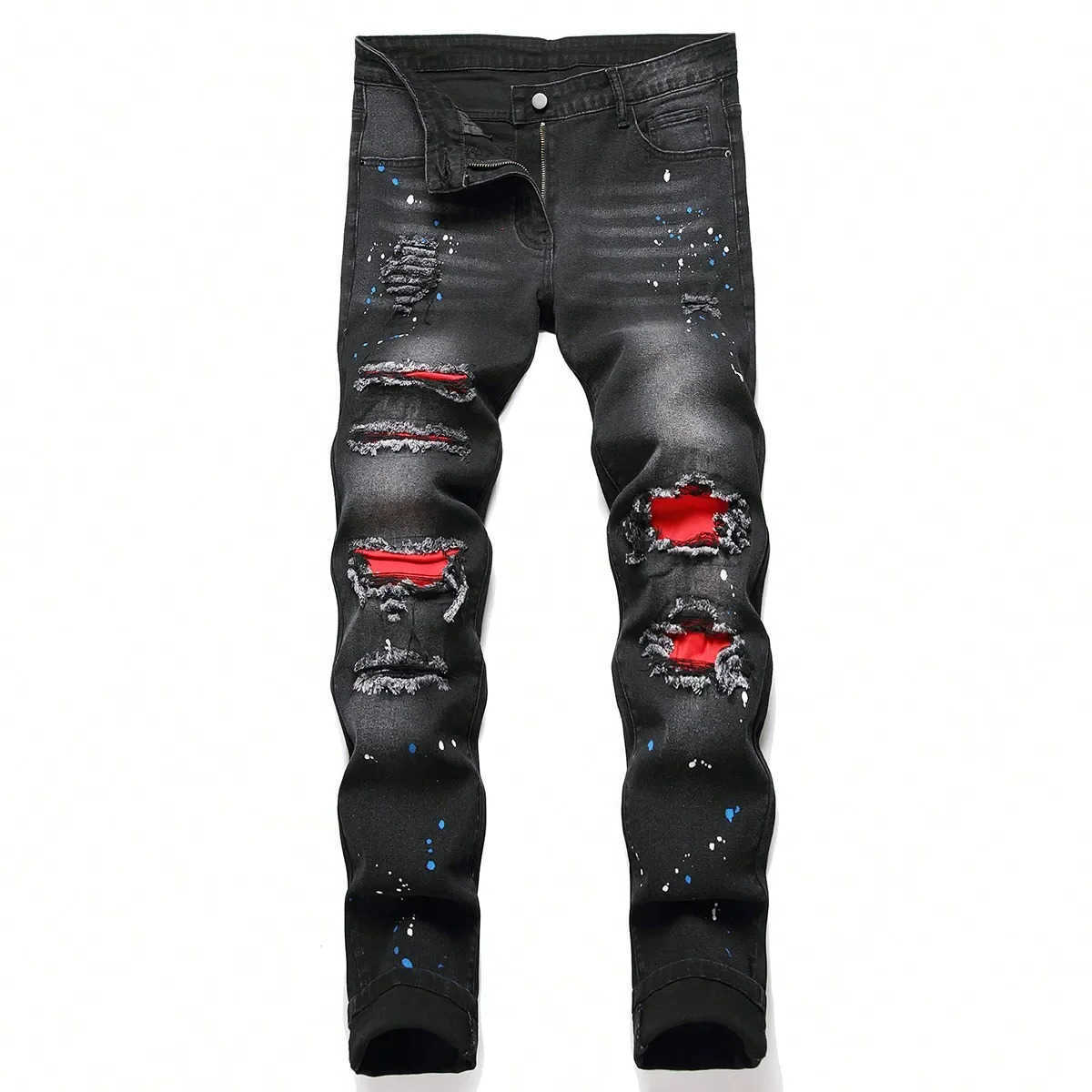 Men y2k Stretchy Skinny Denim Jeans For Men Casual pants Ripped Patchwork Hole Slim Fit Denim Hip Hop Black Straight Trousers Q260612