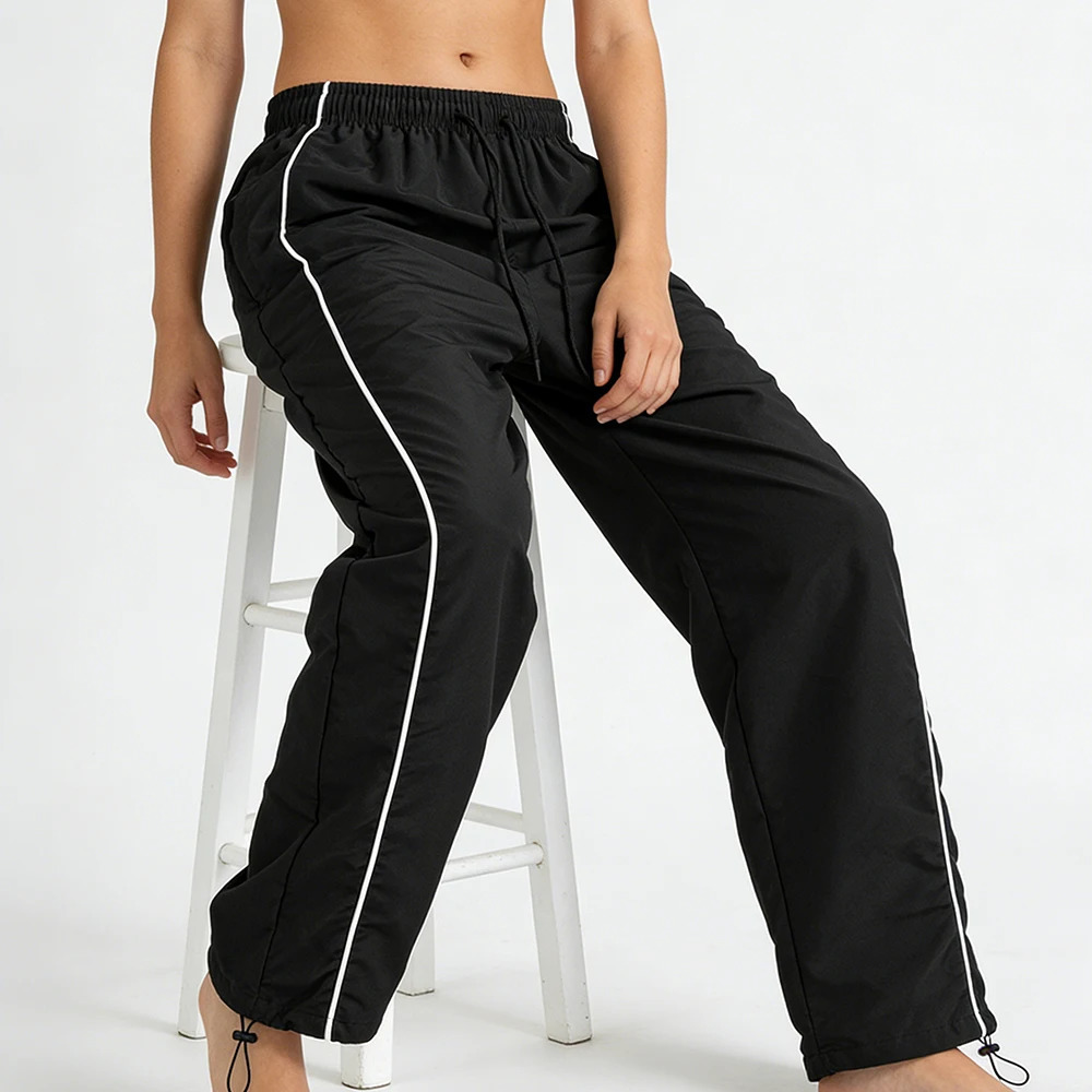 Mens Black Baggy Track Pants White Side Stripe Adjustable Hem Drawstring Four Seasons Outdoor Recreation Trekking Gym Training 260612