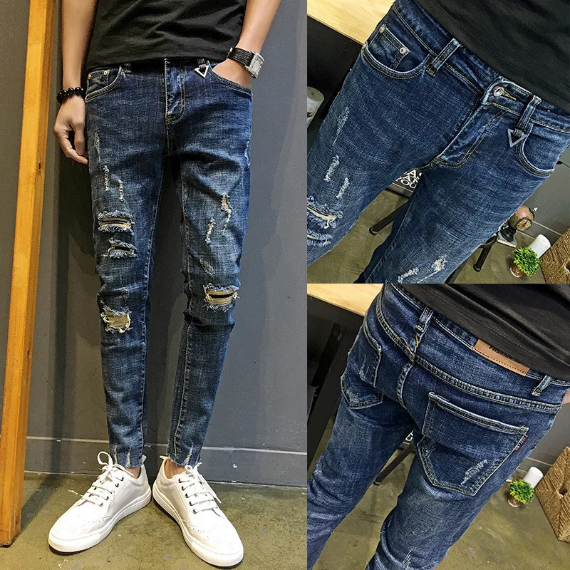 Wholesale Fashion Denim Pants Mens Boys Small Feet Ripped Holes Cropped Jeans Thin Mens Social Men Beggar Pencil Pants 260611