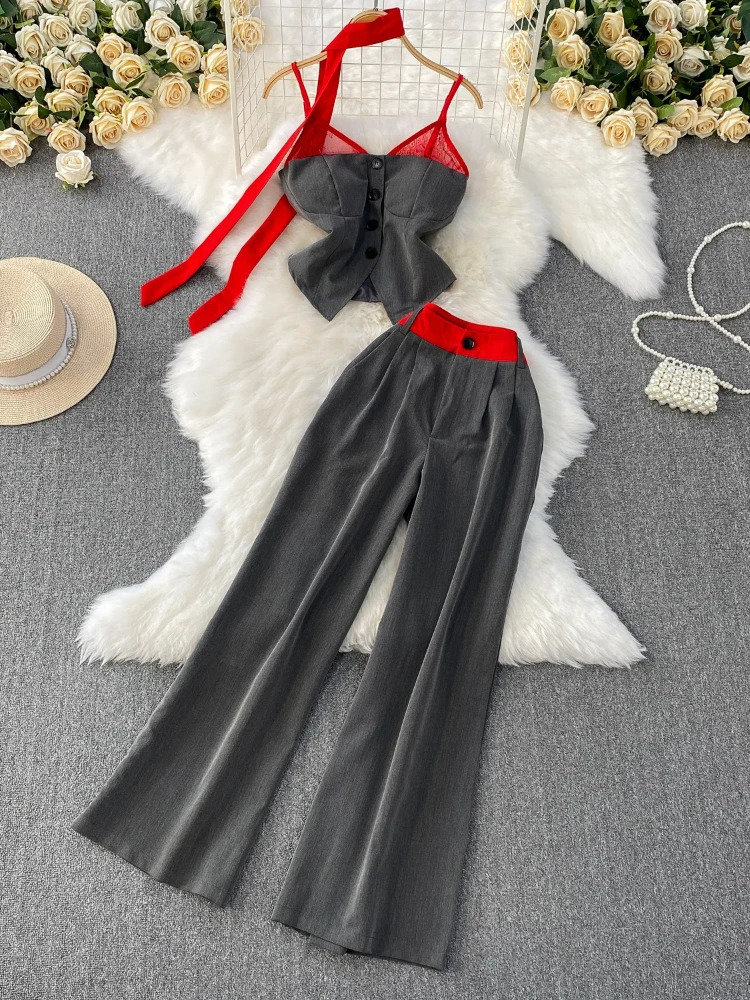 n sense niche sexy spicy girl lace patchwork halter tophigh waist slimming wide leg pants temperament twopiece set 260609