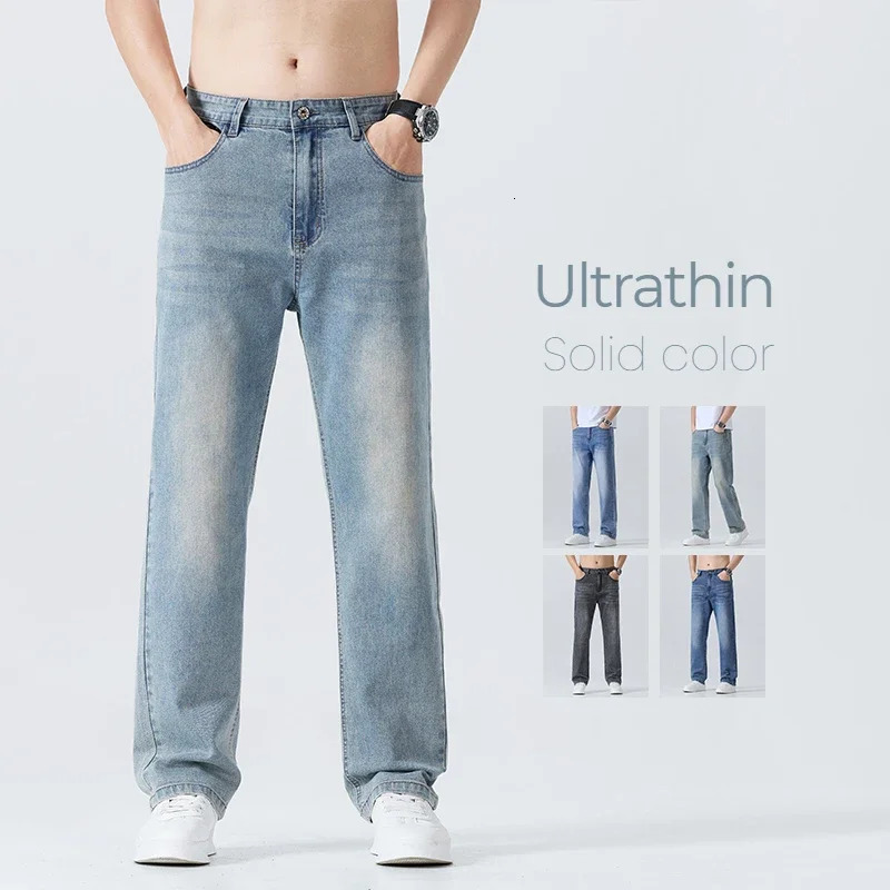 Summer Thin Straight Jeans Mens Clothing Soft Breathable Trousers Male Comfortable Business Loose Denim Pants 260612