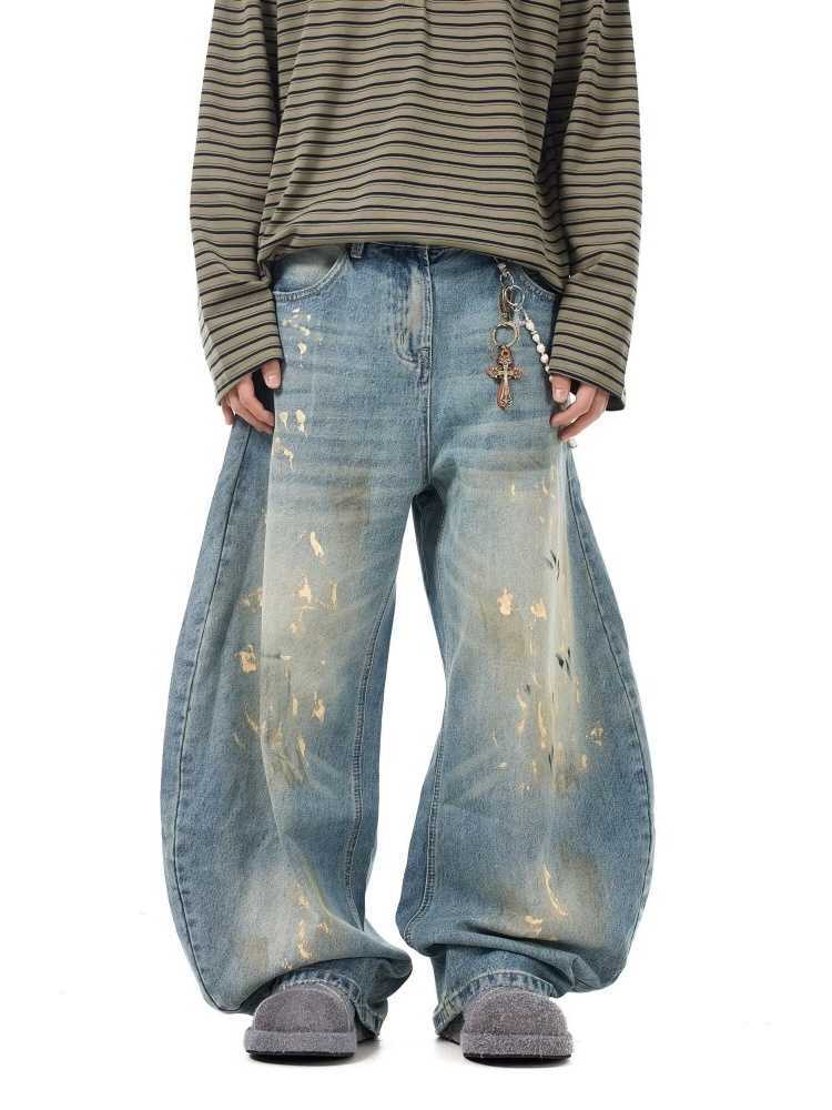 2025 Cyber Y2K Streetwear Paint Graffiti Blue Baggy Jeans Pants For Men 90S Vintage Clothes Distressed Wide Leg Denim Trousers Q260612
