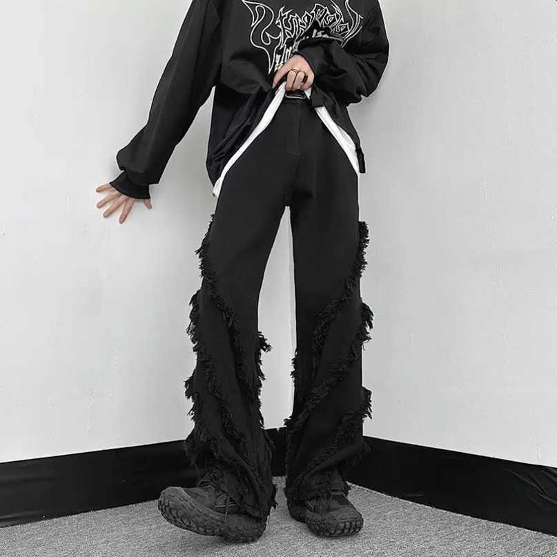 Y2K Cyber Black Pocket Stacked Flare Jeans Uomo dritto in cotone sciolto S260612