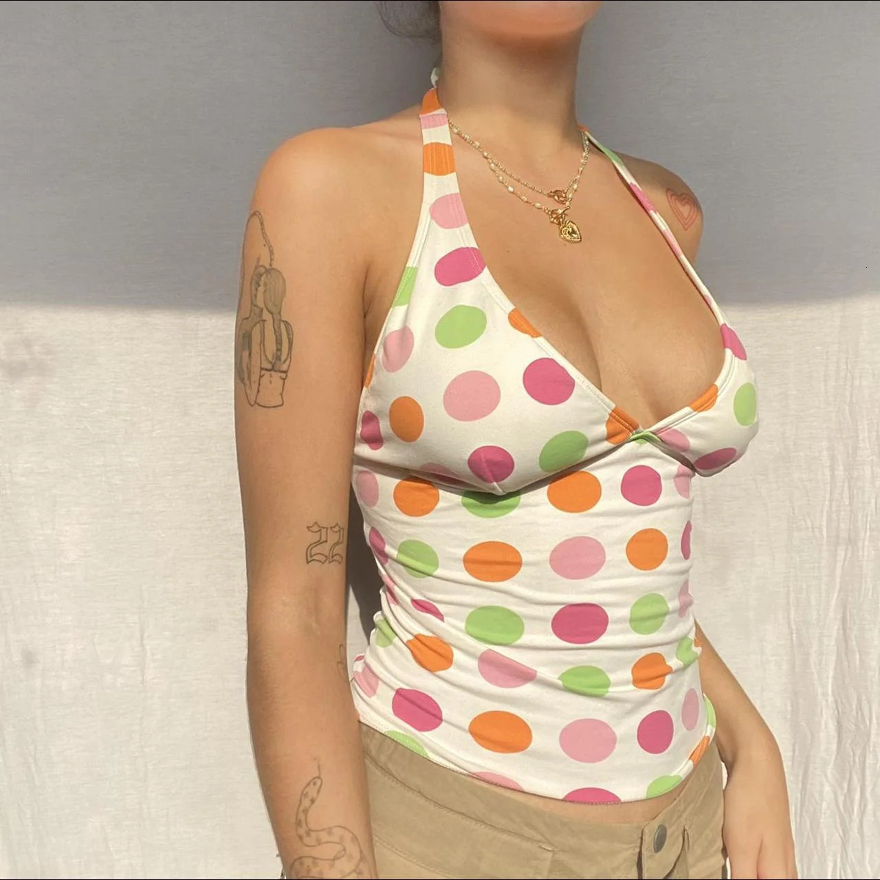 Women Tank Tops Dot Print Tie-Up Halter Neck Casual Vests Summer Backless Fashion Sleeveless Tops Streetwear 260611