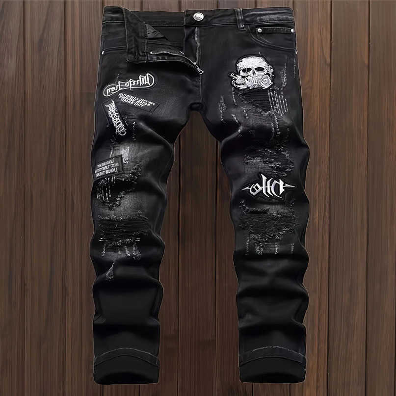 Mens Inspired Jeans Super Slim Fit with Unique Patchwork Detailing Strt Style Denim Pants for a Mode S260612