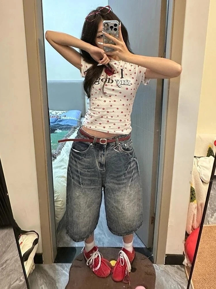 Women Vintage Washed Denim Jorts Y2K High Waist Baggy Wide Leg Knee Length Shorts Casual Streetwear Korean Fashion Jeans Bottoms 260612