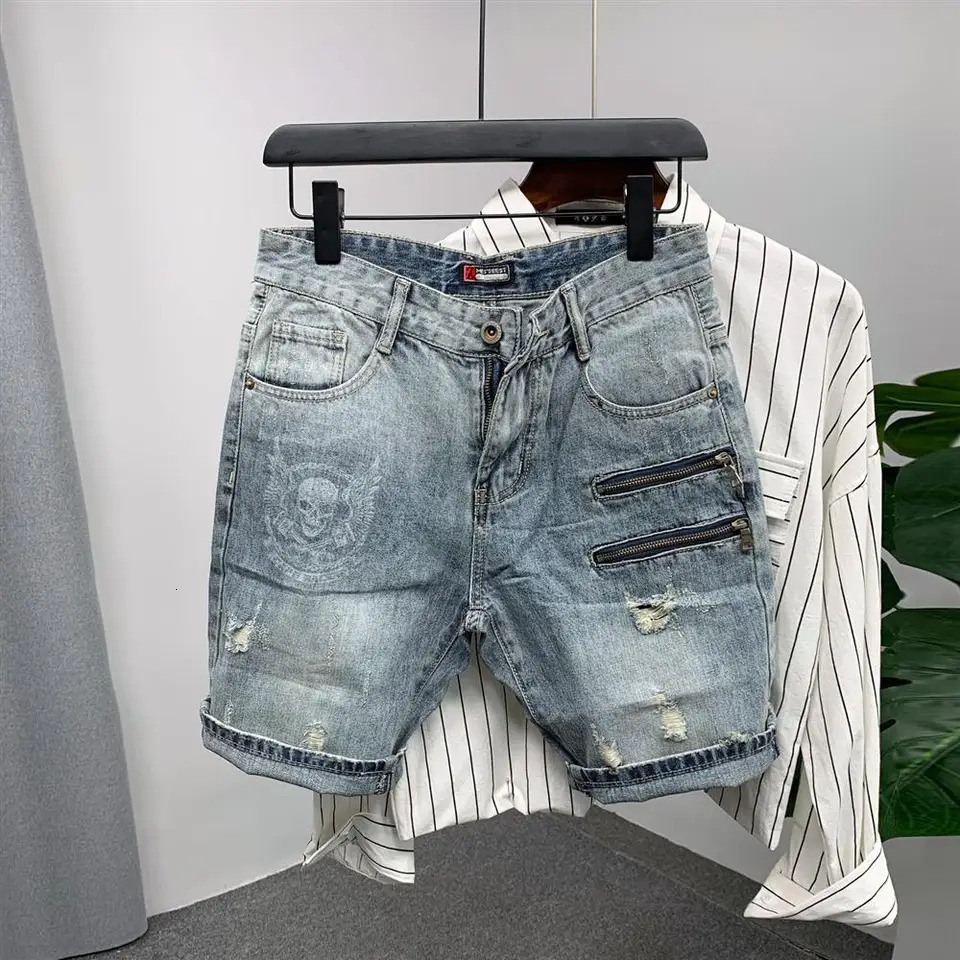 Short Jeans Pants for Men Ripped Zipper Blue Skinny Man Denim Shorts in Xl Distressed Korean Fashion Y2k Cut Original Cowboy 260611