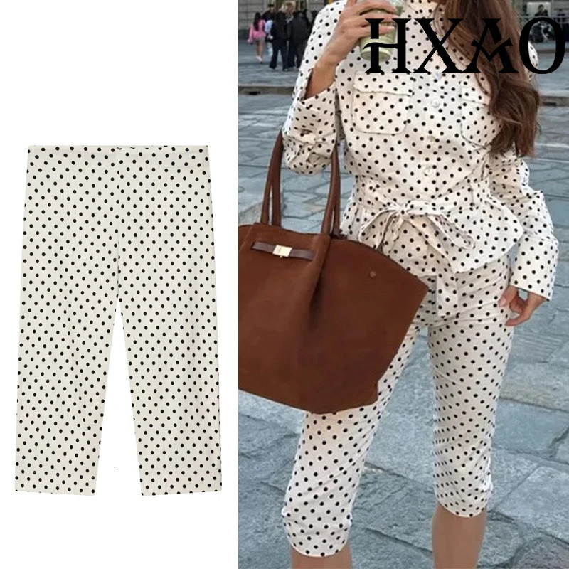 HXAO Womens Pants Spring Summer Polka Dot Pants For Woman Streetwear Chic Mid Rise Straight-Leg Cropped Trousers Set 260605