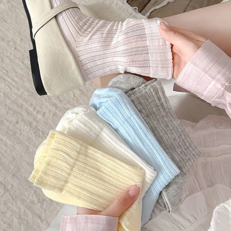 Korean Style Women Socks Summer Cotton Thin Breathable Middle Tube Socks Solid Color White Gray Pink Blue Yellow Long Socks Sox 260612