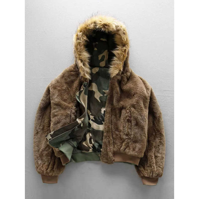 2026 New Mens Winter Camouflage Reversible Jacket Flce-Lined Hooded Cotton Coat Warm Velvet Inner Thick Parka Q260612