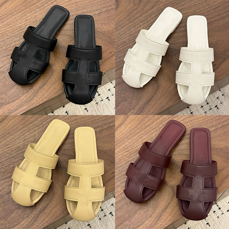 Famous Designer Pig Cage Cow Leather Slide Sandals Women Classic Closed Square Toe Cutout Two Strap Slip On Mules Casual Summer Footwear Beach