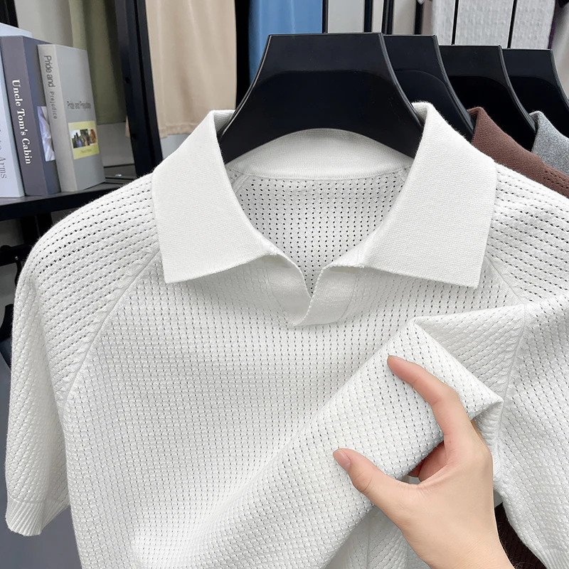 American Retro Pineapple Needle Polo Shirt Mens Knitted Seagull Collar Short Sleeved T-shirt Summer Solid Color Top 260610