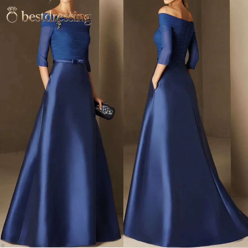 Elegant A Line Prom Off The Shoulder 1/2 Sleeve Floor Length Ruffle Appliques Sequins Beaded Celebrity Evening Dresses Plus Size Custom Made B5008 B