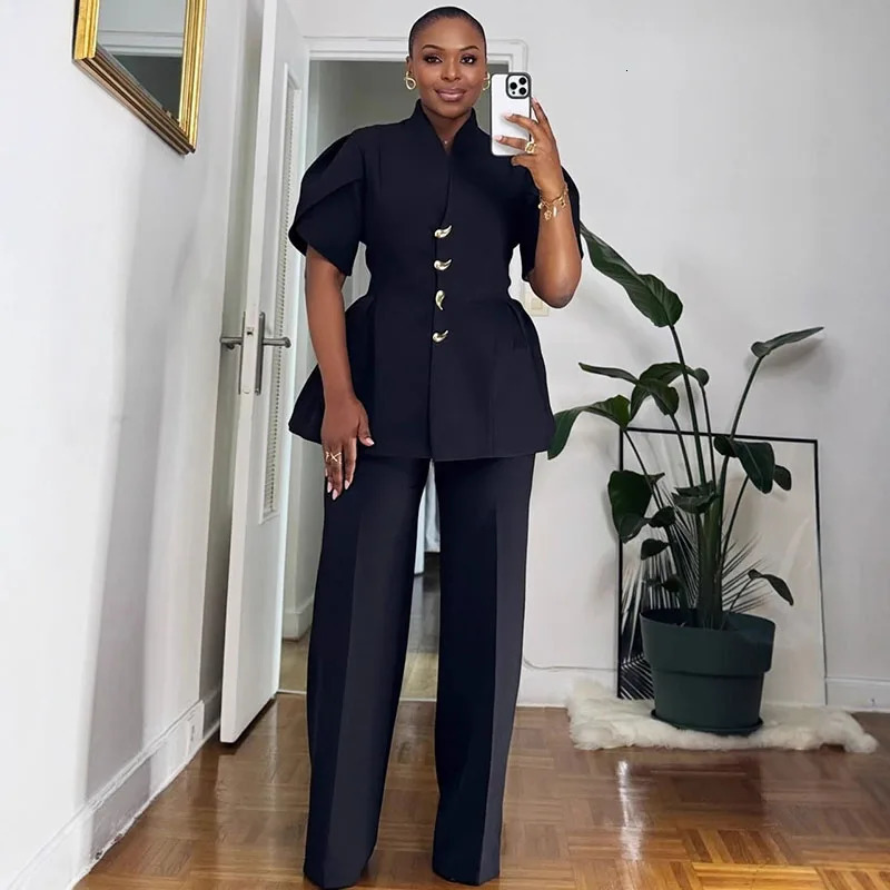 Vintage Elegant Two Piece Set Women Matching Sets Office Lady Single-breasted Puff Sleeve Blazer Coat and Wide Leg Pant Suits 260610