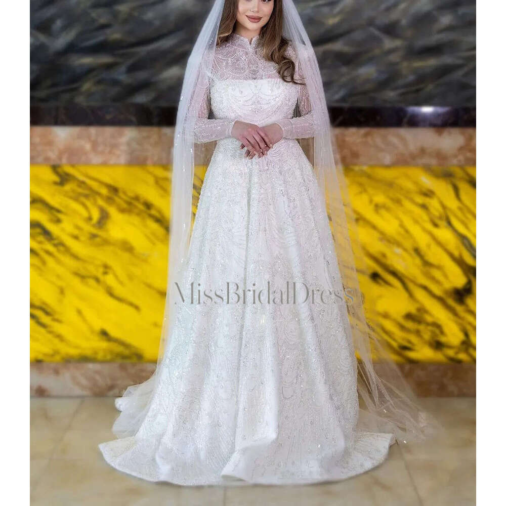 Elegant Mermaid Wedding Long Sleeves High Neck Beaded Sequins Appliques 3D Lace Bridal Gowns Dresses Plus Size Vestido De Novia Custom Mb612