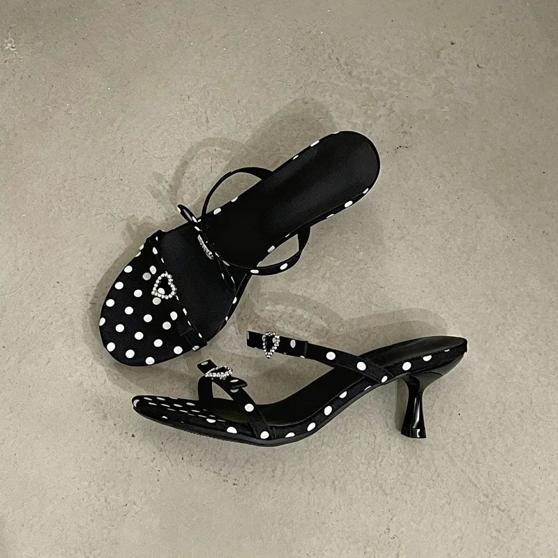 Sweet Heart Rhinestone Kitten Heel Women Slippers Fashion Polka Dot Slip On Dress Slide Elegant Daily Dating Summer Footwear 260612