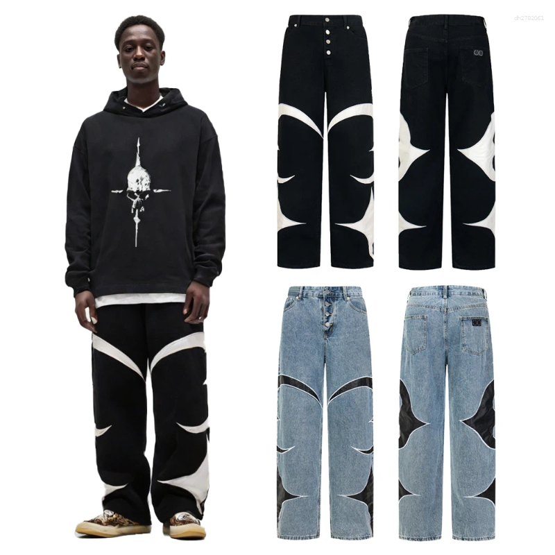 Men's Jeans Streetwear Baggy With Start Leather Embroidery Hiphop Street Style Clothing Cotton Casual Straight Trousers For Mens