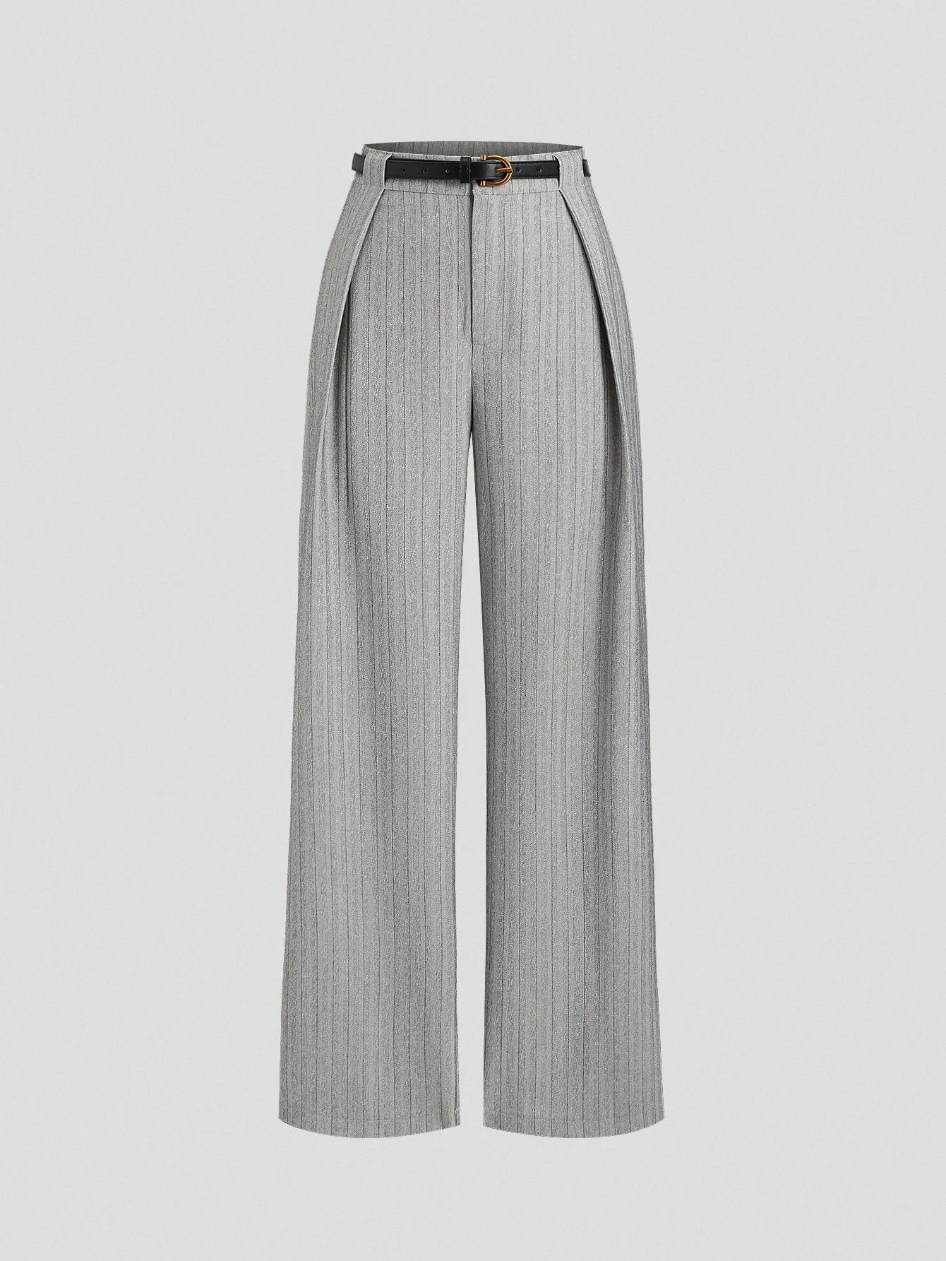 Womens Elegant Grey Striped Pleated Office Lady Pants Casual Wide Leg Loose Long Trousers Spring/Fall 260611