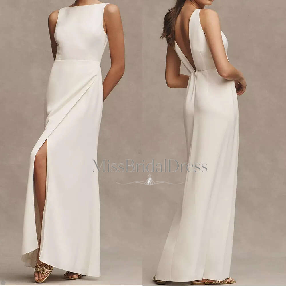 Pure White Column Prom Jewel Sleeveless Floor Length Sexy Backless Modern Front Split Celebrity Evening Dresses Plus Size Custom Made B5004 Mb612