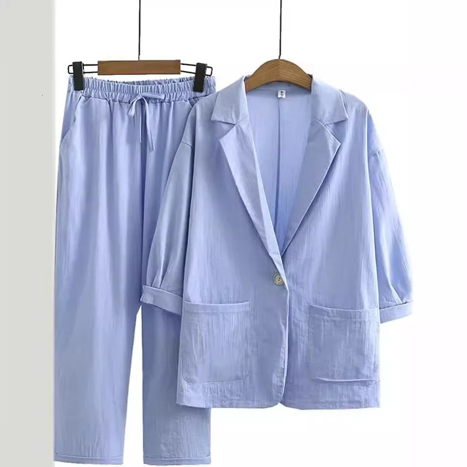 Womens Suit Large Size Elegant Cotton And Linen Jacket Suit Loose And Comfortable Top Trousers Pocket Suit 260610