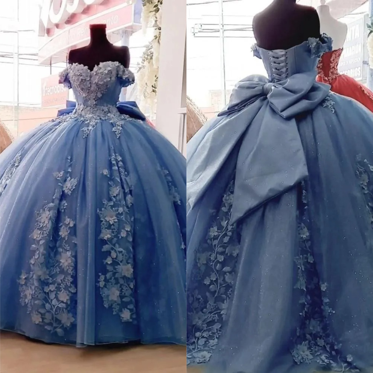 Light Blue Quinceanera Dresses Ball Gown Off Shoulder Lace Crystal Beads Pearls With Flowers Tulle Plus Size Sweet 16 Party