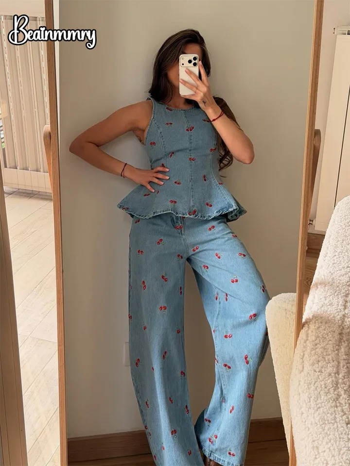 Denim Printed Sleeveless Pants 2-piece Set Womens Elegant Round Neck Fashion Short Shirt Long Pants Suit 2026 Street Outfit 260608