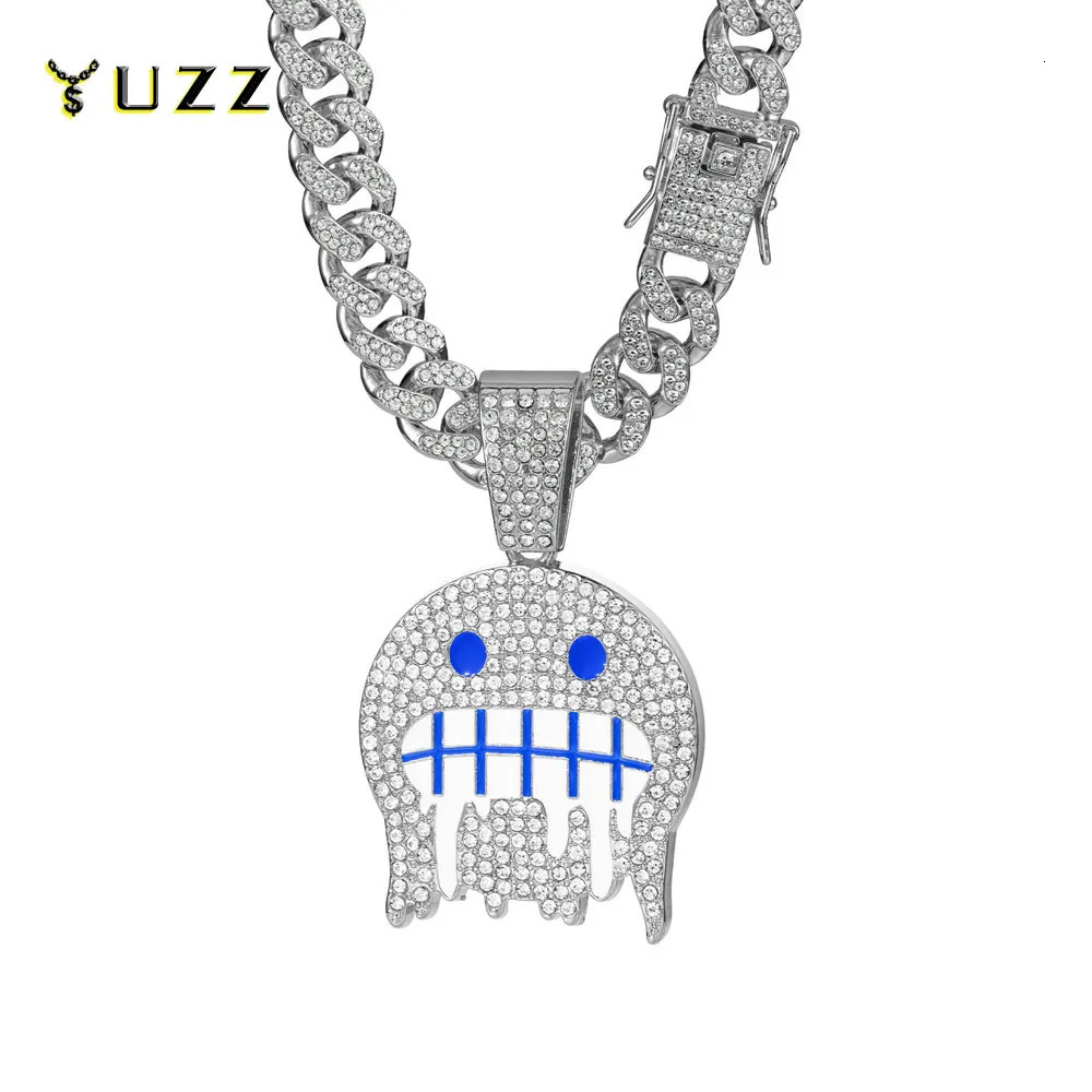Men Hip Hop White Blue Round Face Pendants NecklacesWith 13mm Cuban Chain Iced Out Rhinestone Bling CZ Fashion Boy Jewelry Gifts 260612