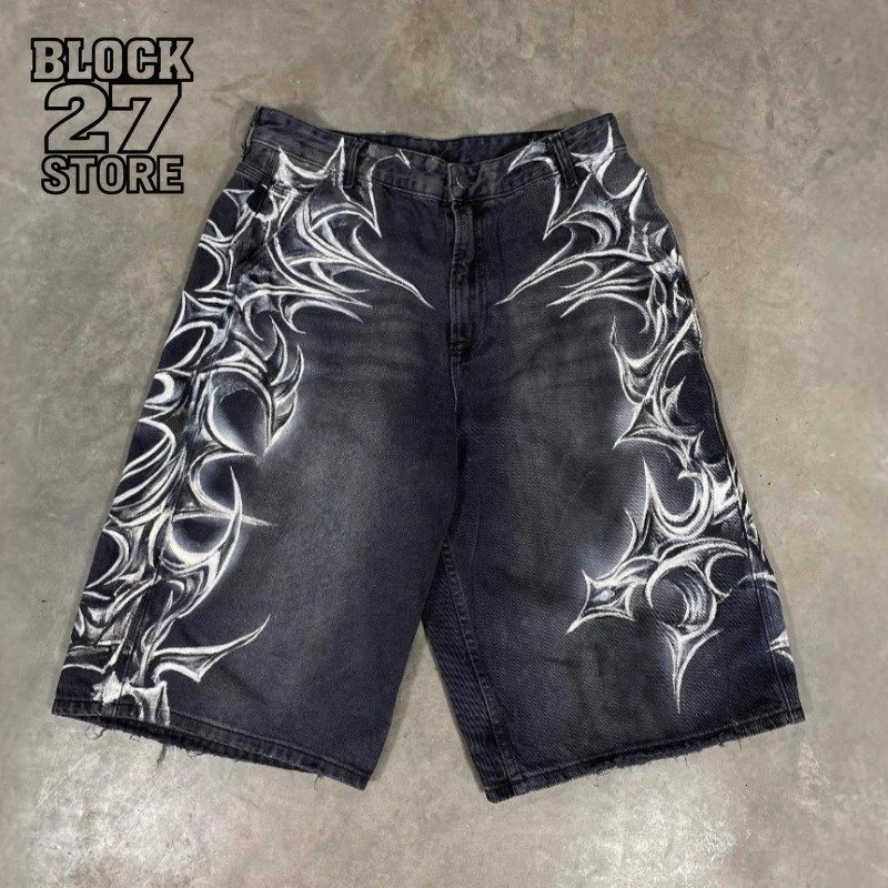 Mens Shorts Gothic Print Vintage Denim Harajuku Unisex Loose Fit Hip Hop Streetwear Summer Five Length Casual Fashion Trend 260612