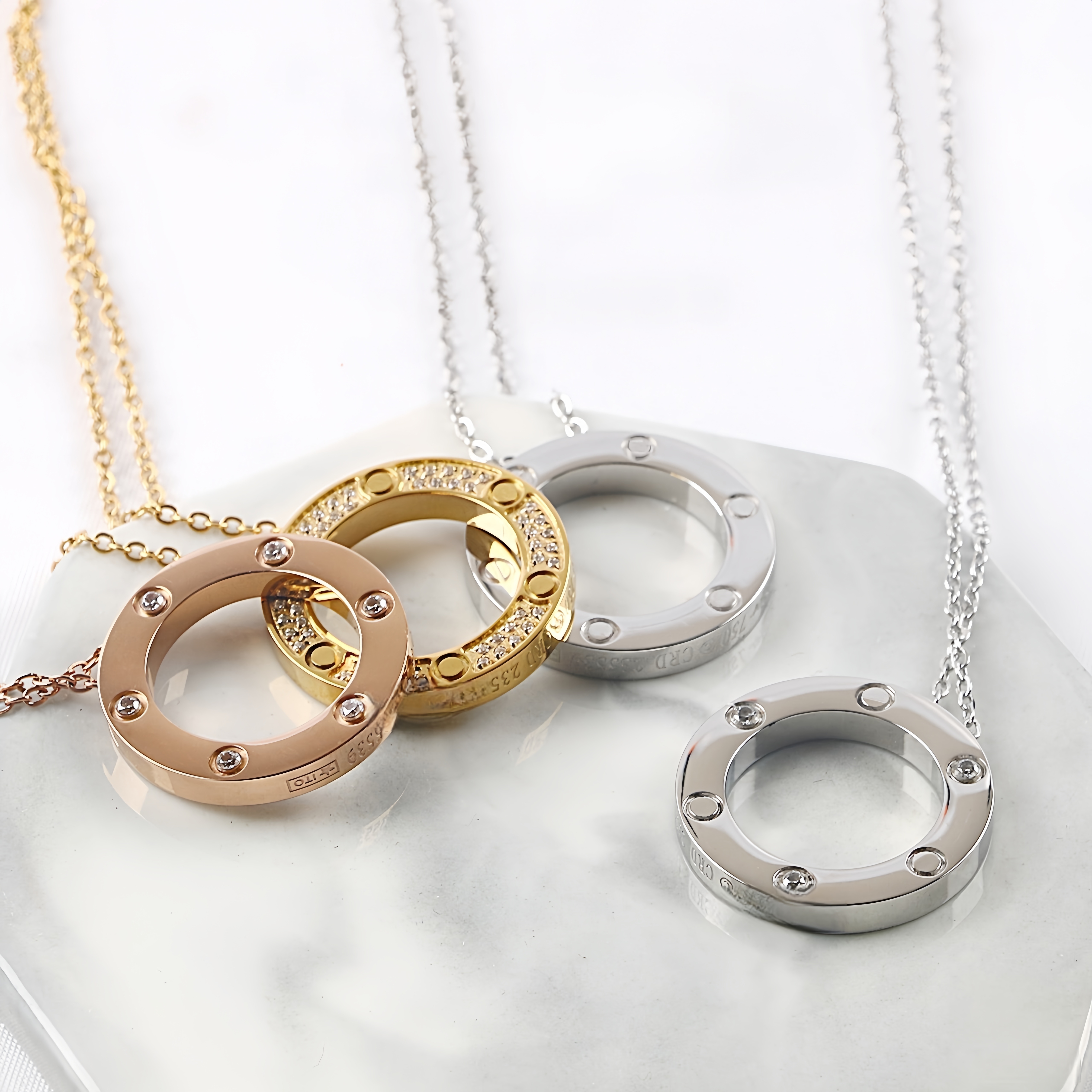 Designer Love Circle Pendant Necklace 18K Gold Plated Titanium Steel Couple Necklace With Zirconia Full Star Daily Commute Wear-image-1110196852