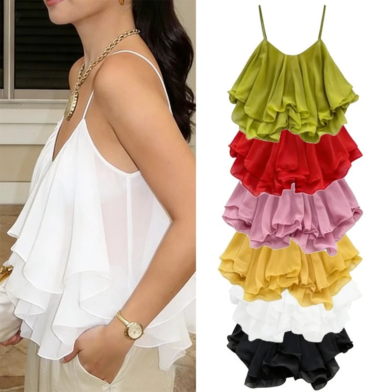 Lightweight Chiffon Spaghetti Strap Crop Top Womens Summer Ruffled Flowy Short Cami Casual Daily Party Tanks Sleeveless Blouse 260612