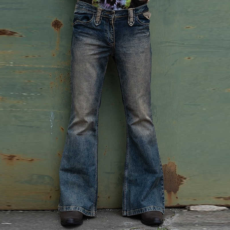 Mens Jeans Men Flared baggy Jeans Bootcut Leg Pants Distressed Patchwork Jeans Punk Stlye Bell Bottom Denim Trousers 220827 Q260612