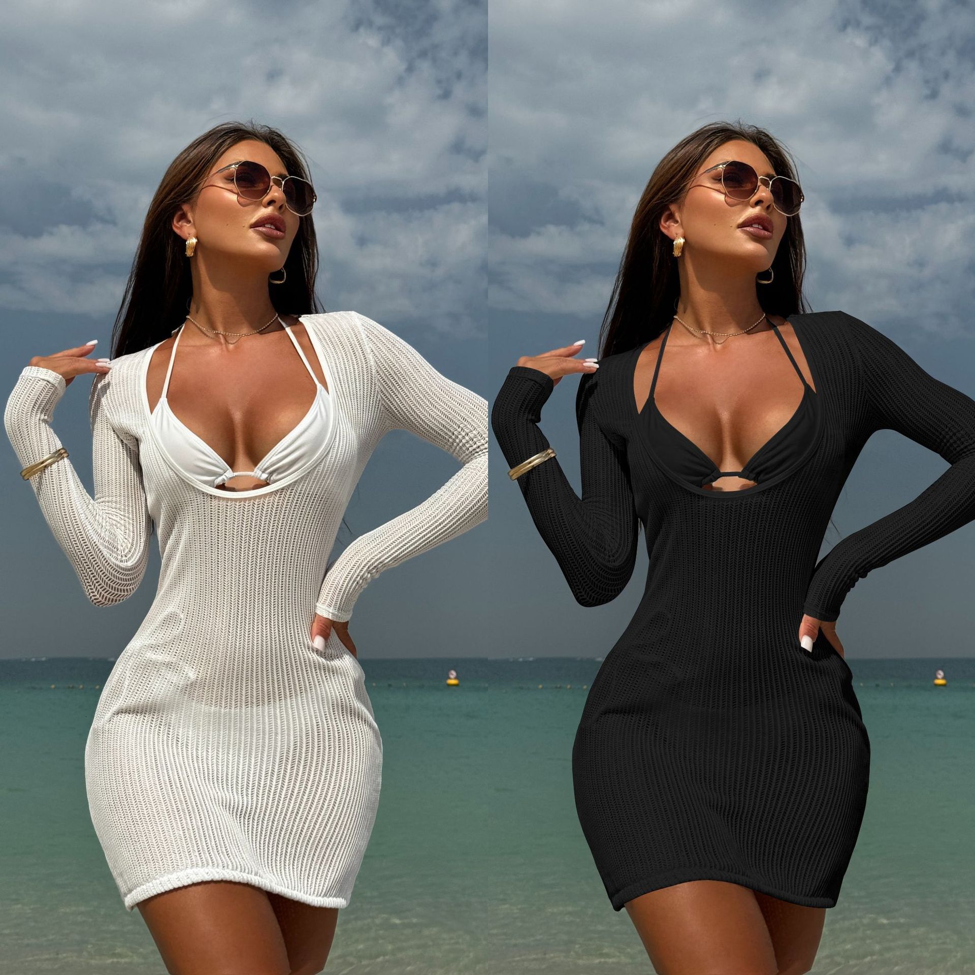 Free shipping 2026 new solid color long one-piece tulle skirt three-piece swimsuit bikini
