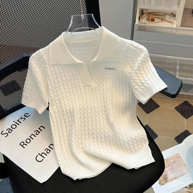Summer Womens Poloneck Shortsleeved Shirt Ice Silk Twist Stripe Knitting TShirt Thread Loose Minimalist Lapel Pullover Tees 260612
