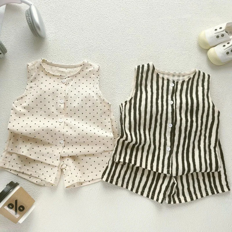 TZ2646 Korean Style Childrens Summer Outfit Cotton Linen Thin TwoPiece Set for Boys Girls Infants Baby 260612