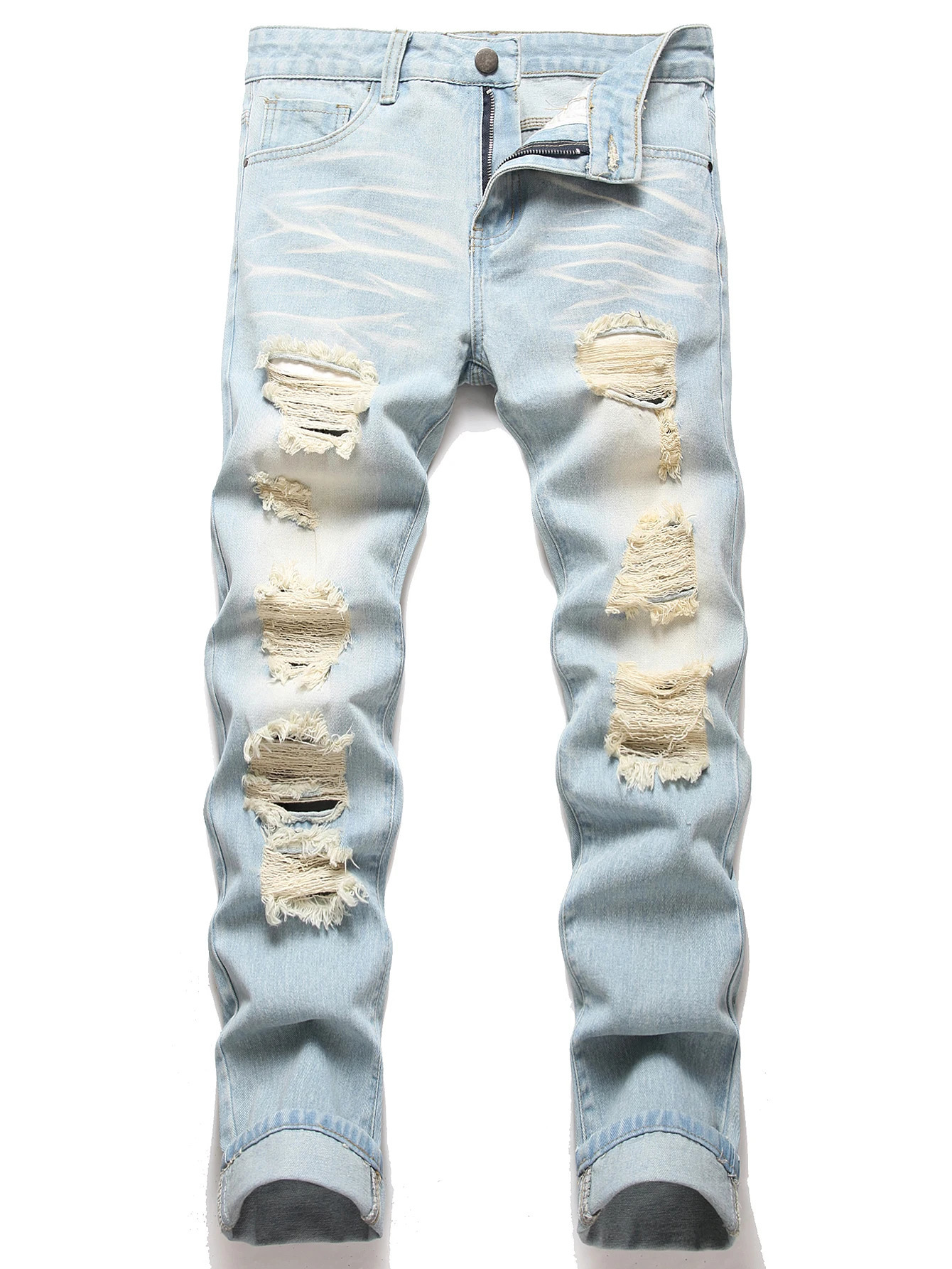 Mens Vintage Light Blue Jeans Straight Loose Fit Distressed Cat Whisker Denim Pants Casual Streetwear High Quality Stretch 28-4 260611