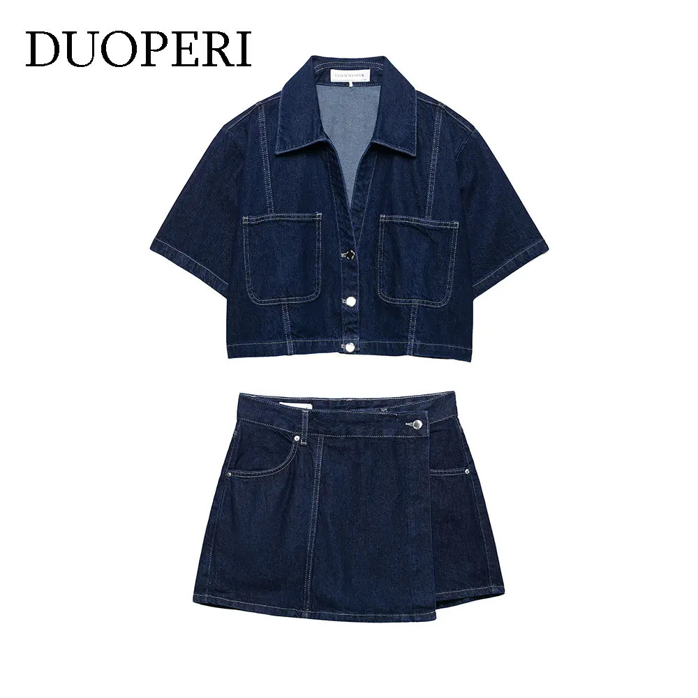 DUOPERI Women Fashion 2 Piece Sets Denim Navy Blue Short Sleeves Shirts Casual Skirt Skort Female Chic Shorts Sets 260611