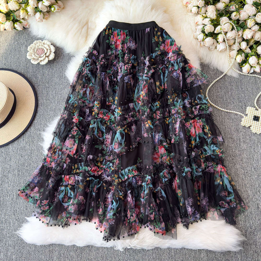 New In Flower Print Irregular Mesh Floral Mesh Long Skirt Women Spring Summer French Elegant Style A-line Tulle Skirts