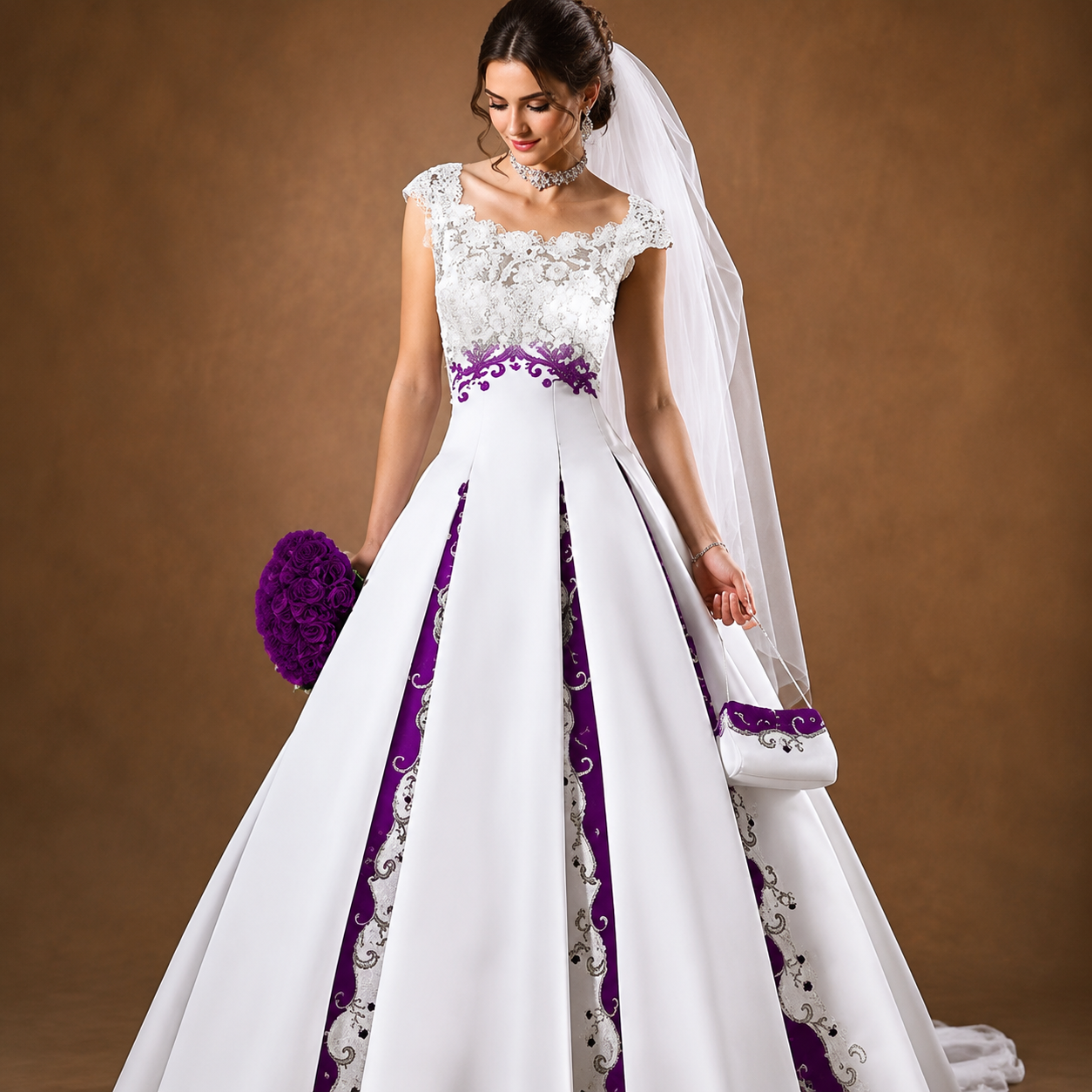 Vintage White And Purple Satin Wedding Dresses Cap Sleeve Lace Embroidery A Line Bridal Gown Empire Waist Classic Bride Dress Customized