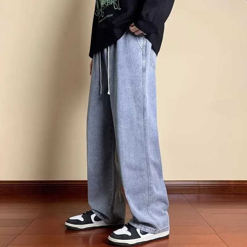 American Retro Distressed Black Grey Jeans oversized loose straight leg pants casual mens strt S260612