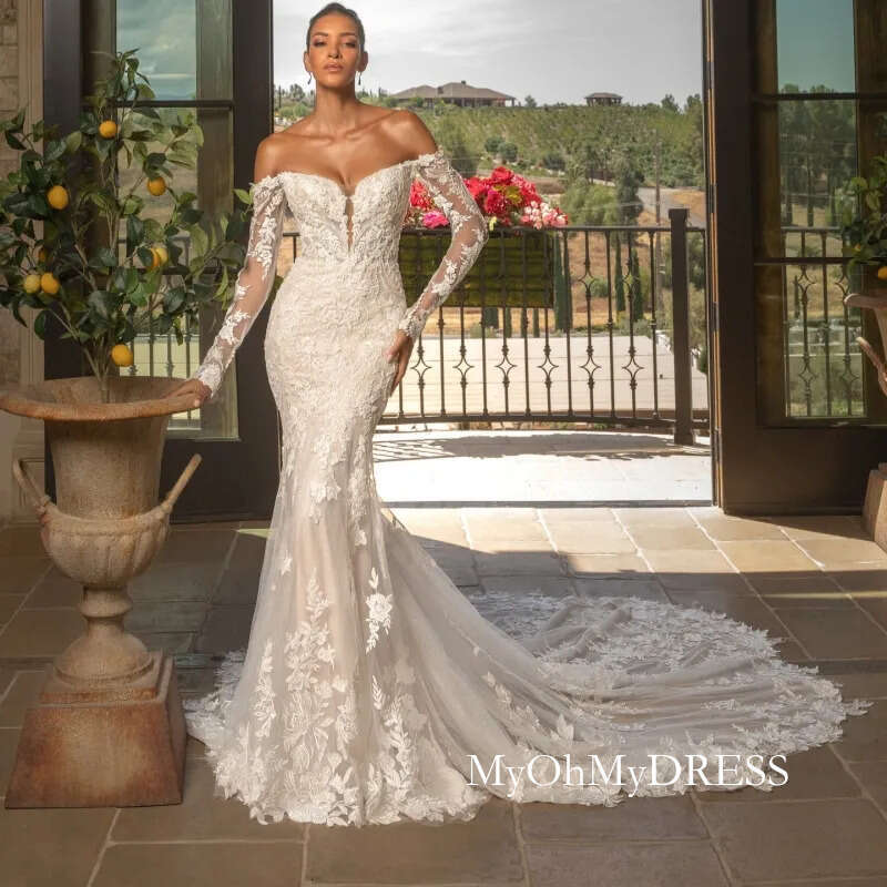 Luxury Light Champagne Dubai Arabic Mermaid Dresses Applique Lace Tull Long Sleeves Court Train Wedding Dress Bridal Gowns Vestidos Y612