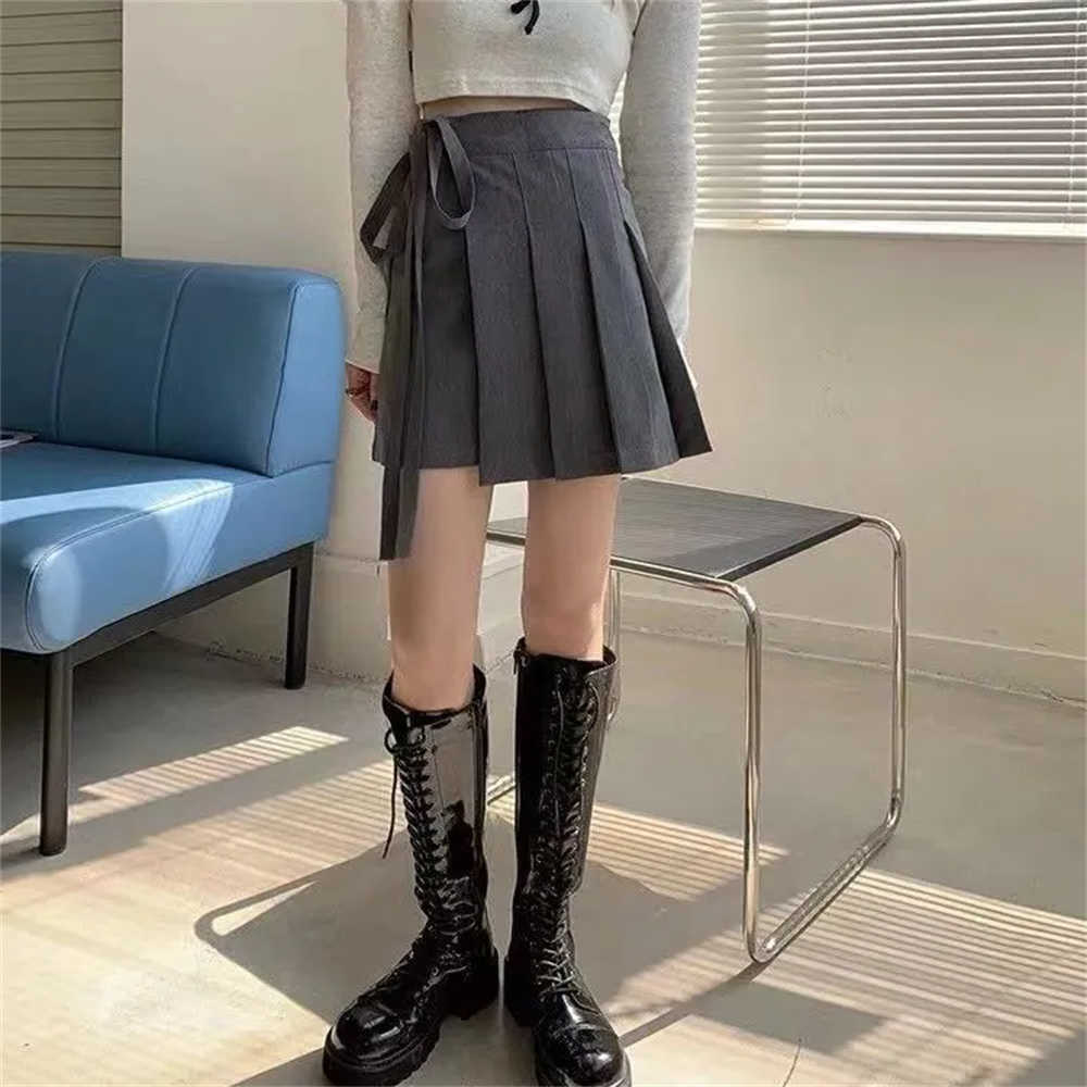 Mini Pleated A-Line Preppy Style Skirts Spring Summer Fashionable Tie Detail Female Clothing Solid Color Basic High Waist Skirts M260612