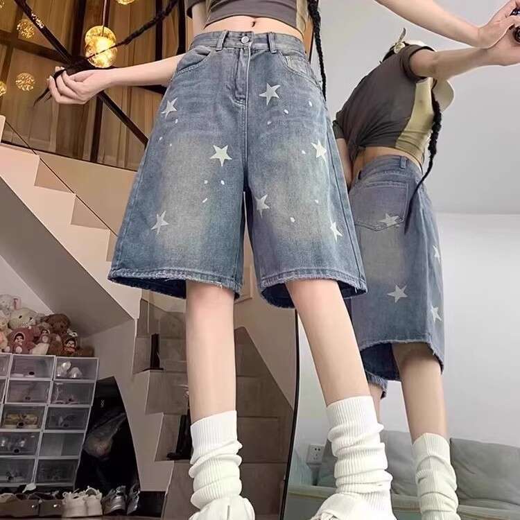 Women's Denim Shorts, American Vintage Preppy Bootcut Shorts - Low-Rise Loose Fit, Lightweight Washed Blue Star Pattern, Knee-Length Zipper-Fly Casu